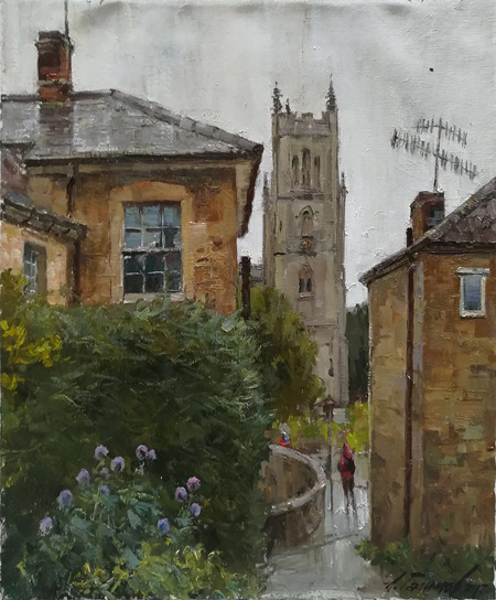 Painting by Azat Galimov. Artwork Rainy day. On the way to St. Mary's Church. Bruton, England.