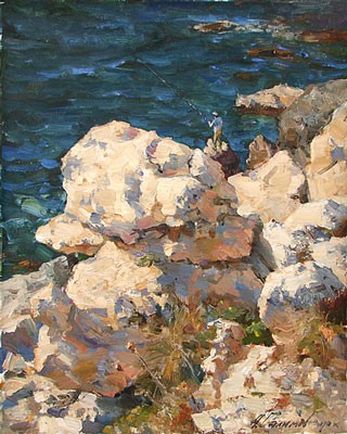Картина А.Галимова. Жаркие камни побережья Кипра. Рыбачок.