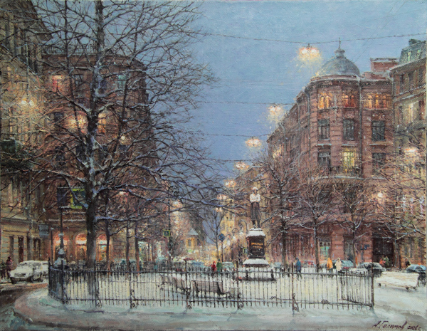 Painting by Azat Galimov for sale. Artwork Lights of St. Petersburg. Pushkinskaya Street.