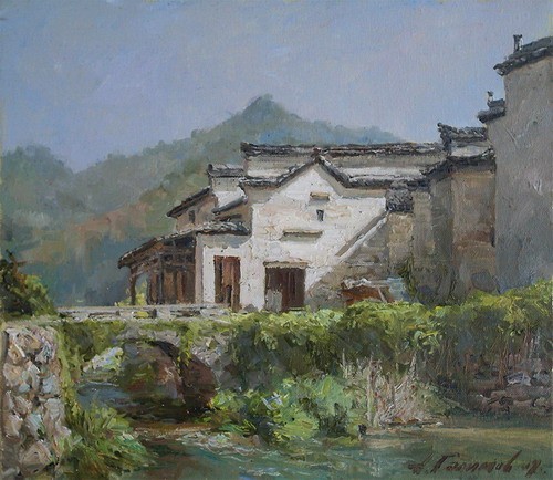 Painting. Azat Galimov. artwork Street in Hong Chene, Anhui Province. 