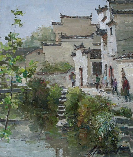 Painting. Azat Galimov. artwork Stream in the village of Lu Cen. Anhui.
