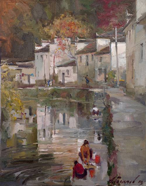 Painting.  Azat Galimov. artwork The Sabbath day at the river. Tongchuan