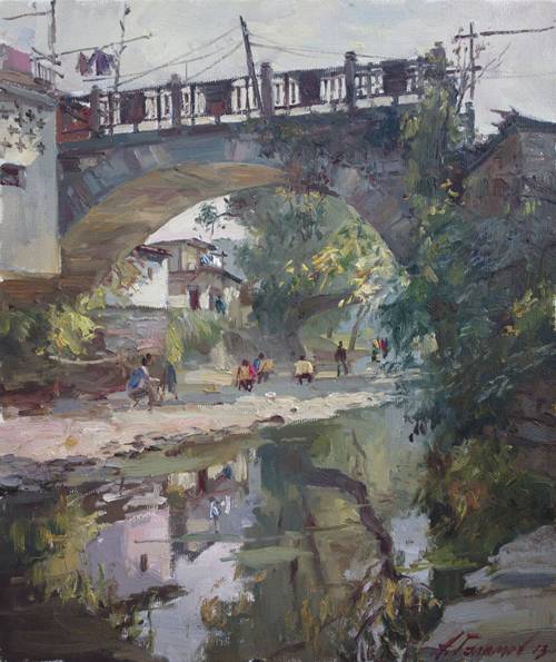 Painting.  Azat Galimov. artwork Under the canopy of an old bridge