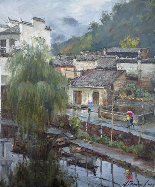 Painting.  Azat Galimov. artwork Under the whisper of rain. Tongchuan China