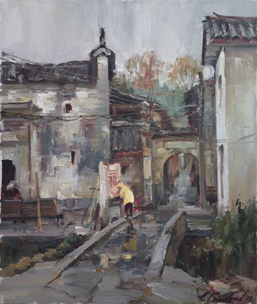 Painting.  Azat Galimov. artwork Rainy morning in Tongchuan