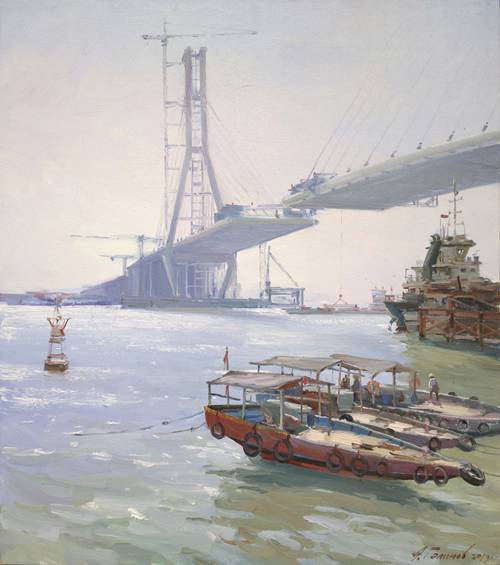Painting.  Azat Galimov. artwork Hainan. Bridge under construction