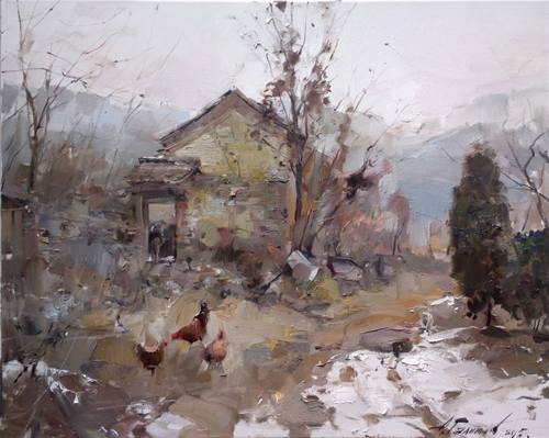 Painting.Azat Galimov. Artwork Mountain village in Hunan.