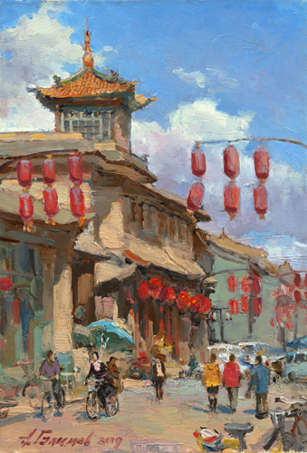 Painting by Azat Galimov. Artwork Impressions of China. Street in Pingyao.