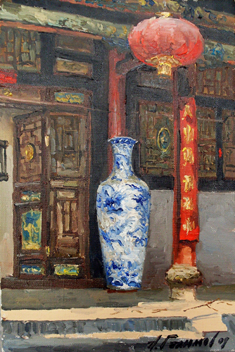 Painting by Azat Galimov. Artwork Pingyao. In the courtyard of the hotel.