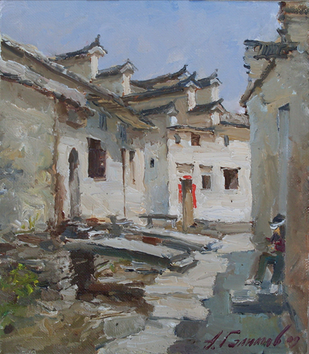 Painting by Azat Galimov. Artwork Anhui, Si Di village. Hot afternoon.