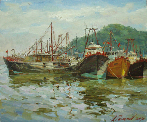 Painting by Azat Galimov. Artwork Ships at Yeli Island, Zhuhai.