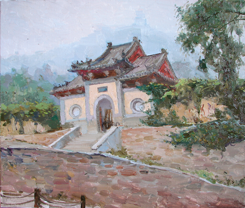 Painting by Azat Galimov. Artwork Morning in the Park. (Etude) Beilin Park, Shenyang .