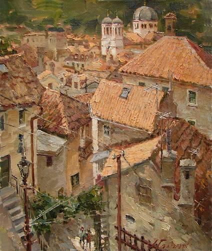 Painting.Montenegro. The roofs of the old Kotor.