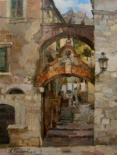 Painting.Montenegro. Kotor. The main entrance to the Citadel.