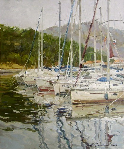 Painting.Montenegro.Yachts in the Bay of Kotorsky.