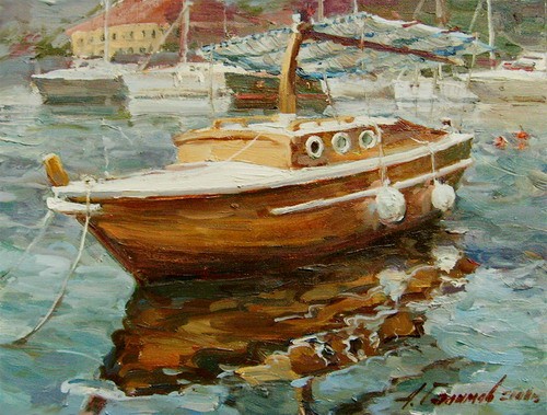 Painting.Montenegro. Boat  in the Bay of Kotor.
