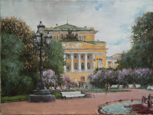 Painting by Azat Galimov. In the Catherine Garden. View of the Alexandrinsky Theater