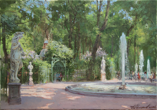 Painting by Azat Galimov.  New Summer Garden. Fountains.