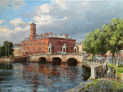 Painting by Azat Galimov. Summer in St. Petersburg. The mouth of the Fontanka river.