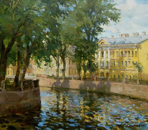 Painting by Azat Galimov.Canal Griboedova on a sunny day 