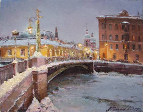 Paintings by Azat Galimov.Panteleymonovsky bridge. Evening. Winter 2010