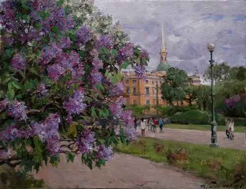 Painting by Azat Galimov. It is time of lilac. Field of Mars. St.Petersburg.