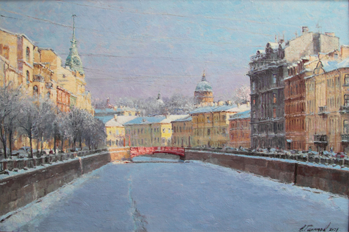 Paintings by Azat Galimov. Red bridge. Winter  Moika river.