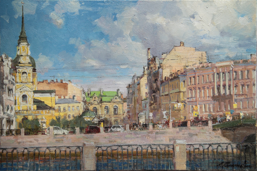 Paintings by Azat Galimov.Summer evening on the Fontanka River. 