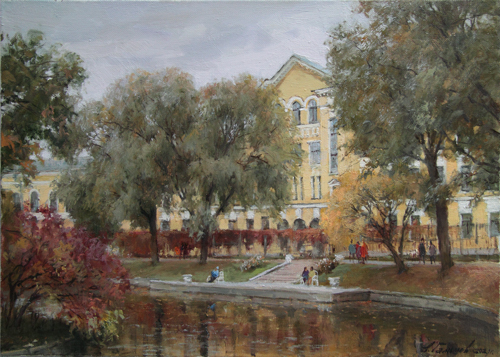Painting by Azat Galimov.Under the spreading willows. Yusupov Garden. 
