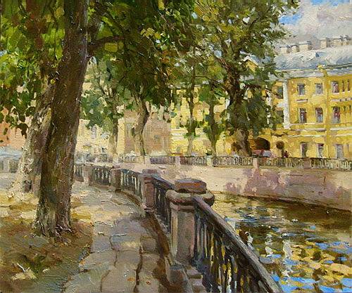 Paintings by Azat Galimov.Canal Griboyedov. In the shade of trees