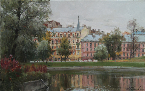 Painting by Azat Galimov. Yusupov Garden. View of Sadovaya Street. 