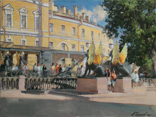 Paintings by Azat Galimov.  Prospective students. Bank Bridge. St.Petersburg.. 