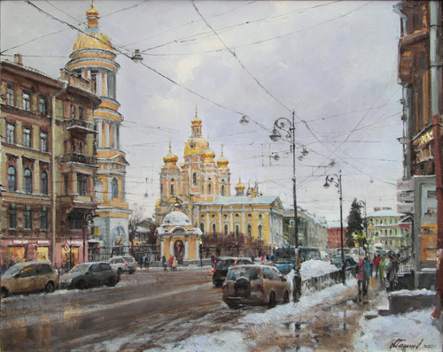 Paintings by Azat Galimov.  St. Petersburg winter. Vladimirsky Prospekt.