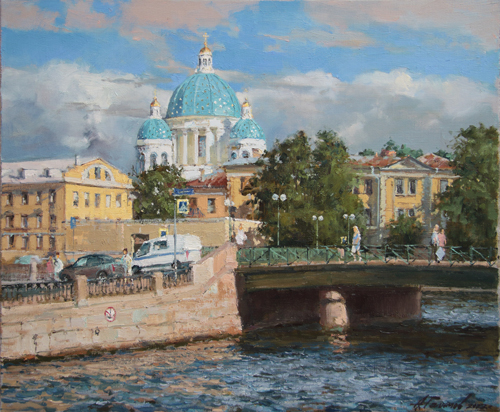 Paintings by Azat Galimov.  Fontanka River. View of the Trinity Cathedral