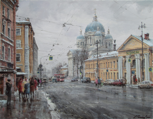 Paintings by Azat Galimov. Winter day on First Krasnoarmeyskaya Street. St. Petersburg