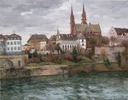 Painting by Azat Galimov.March on the Rhine river. Basel. Switzerland.