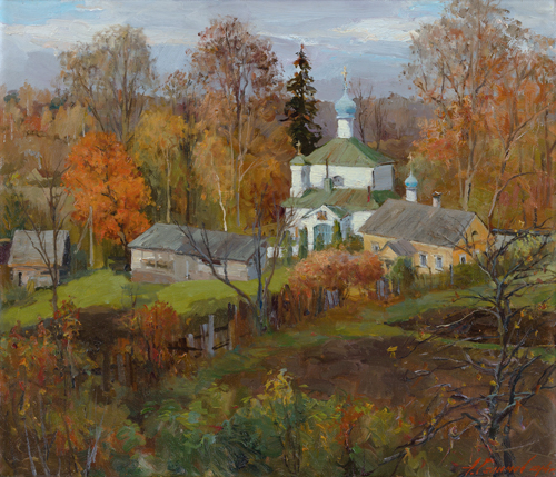 Painting by Azat Galimov.Autumn in Izborsk. Church of the Nativity of the Virgin Mary.