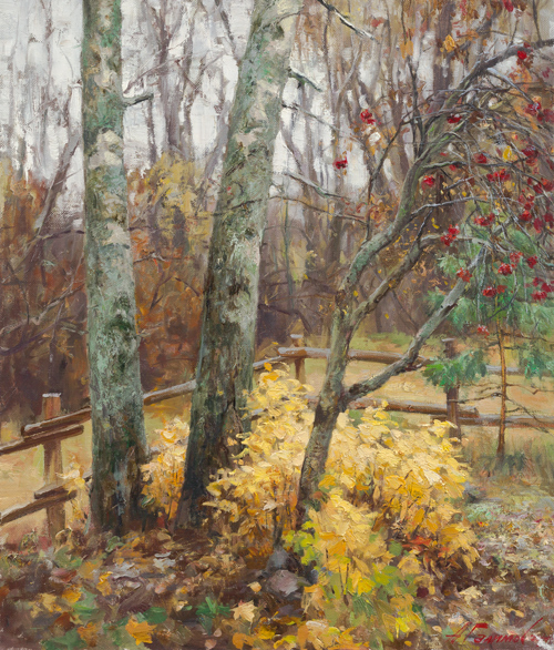 Painting by Azat Galimov.Autumn in Izborsk. Autumn time. Izborsk.