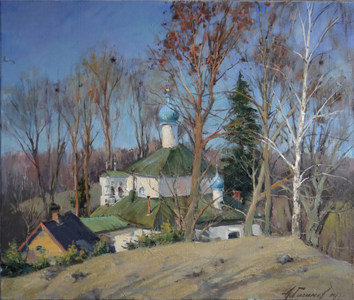 Painting by Azat Galimov. Cold spring in Izborsk. Church of the Nativity of the Virgin Mary.