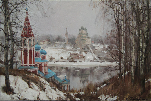 Painting by Azat Galimov. Tutaev in early spring. On the Romanovsky side.