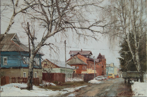 Painting by Azat Galimov. Weekday on Sovetskaya Street. Vyatskoe.