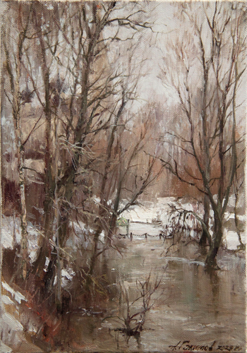 Painting by Azat Galimov.At the beginning of spring. Ukhtanka river.