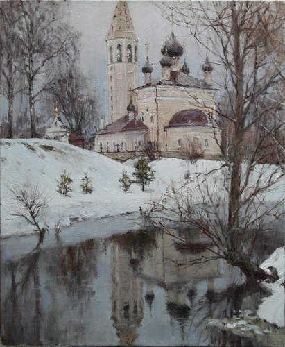 Painting by Azat Galimov.On the banks of the Ukhtanka River. Church of the Resurrection of Christ. Vyatskoe.