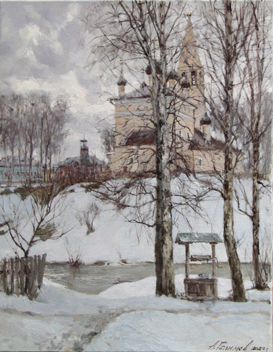 Painting by Azat Galimov.Russian winter. Church of the Resurrection of Christ. Vyatskoe.