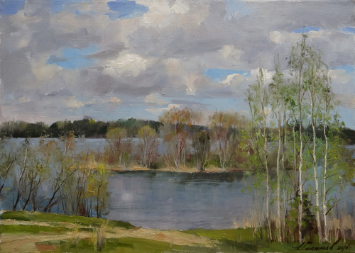 Painting by Azat Galimov.Russian Spring. Birches.