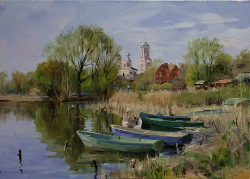 Painting by Azat Galimov. Morning. Boats. Valdai.