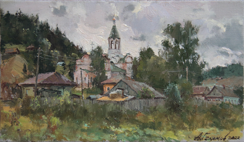 Painting by Azat Galimov. It's overcast. Kyn village, Ural