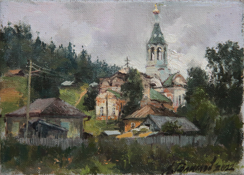 Painting by Azat Galimov.  Cloudy day. Kyn village, Ural