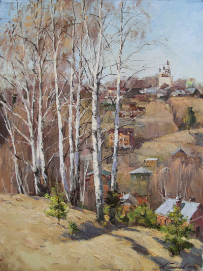 Painting by artist Azat Galimov on the theme of the city of Plyos. Plyos in spring. Birches