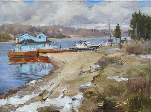 Painting by artist Azat Galimov on the theme of the city of Plyos. Plyos. Pier. The last snow.